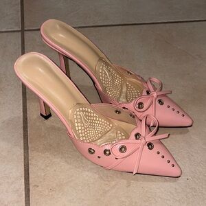 Women’s Pink Pointed-Toe Lace-Up Mule Heels kitten heel